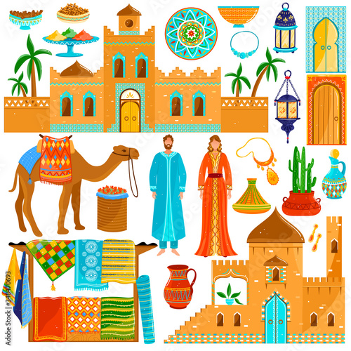 Morocco travel destination in Africa, national culture and traditions, isolated icons, vector illustration. Sightseeing tour to Morocco, oriental cuisine and bazaar market with colorful rugs carpets