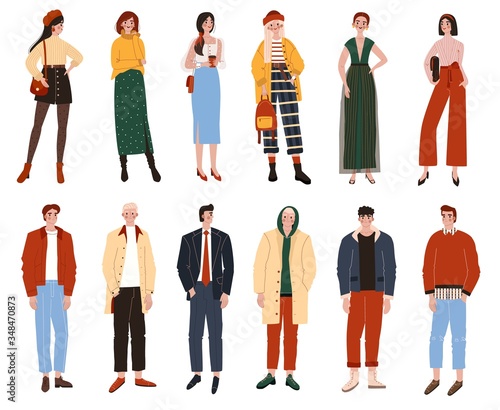People cartoon characters isolated on white, casual fashion for men and women, vector illustration. Young adult guys and girls in casual outfit, modern lifestyle clothing. Hand drawn person collection
