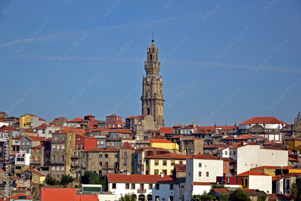 Porto, Portugal - August 17, 2015: Cityscape of Porto. You can especially see the Clérigos Tower, a famous monument that overlooks the city.