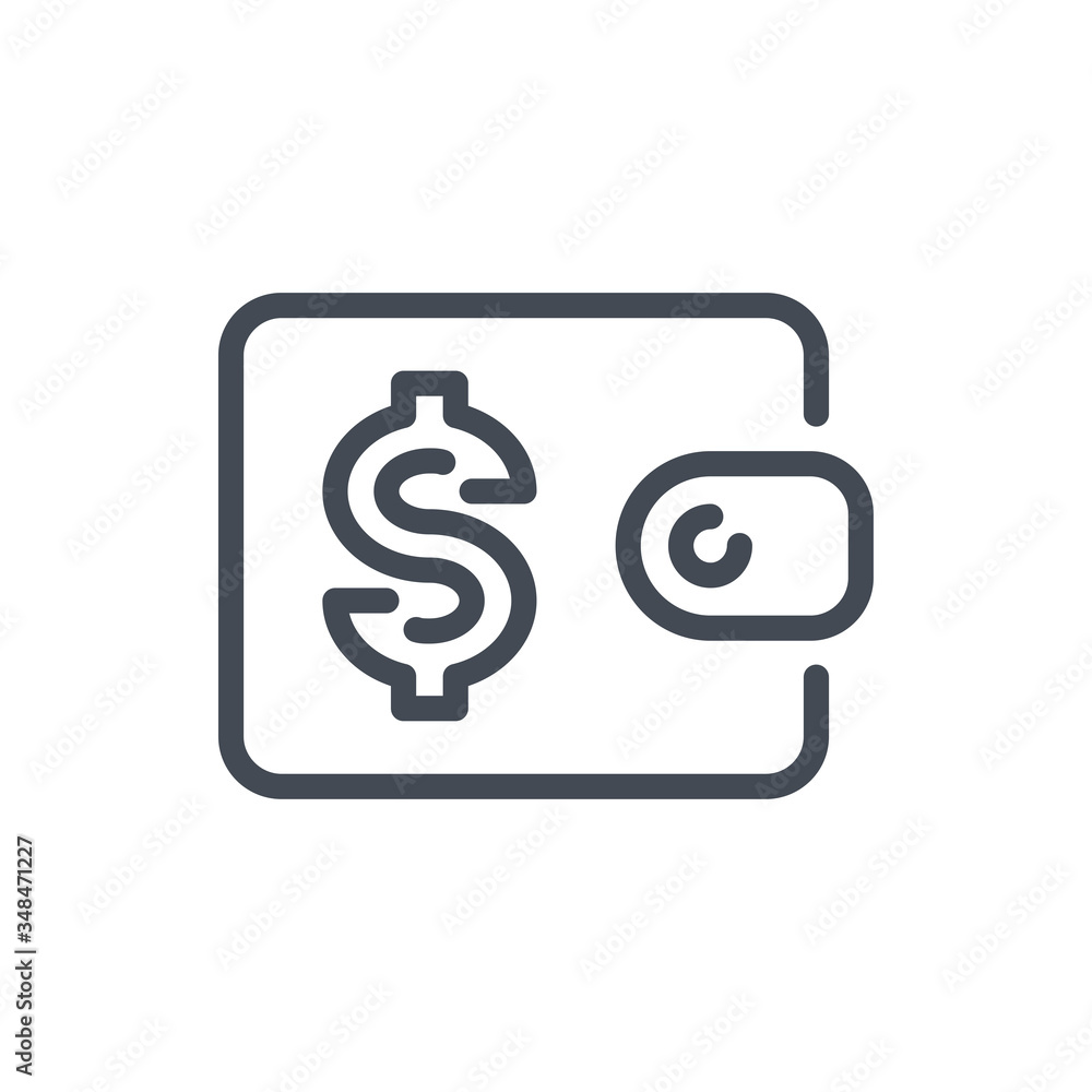Wallet line icon. Money savings, Purse with dollar vector outline sign. Wallet line icon. Money savings, Purse with dollar vector outline sign.