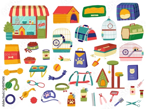 Pet shop assortment, products for animals, set of hand drawn items isolated on white, vector illustration. Store supply and accessories for pets, cats and dogs. Stickers for animal shop, colorful icon