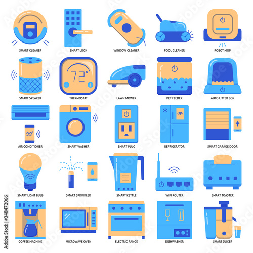 Smart home appliances icon set in flat style
