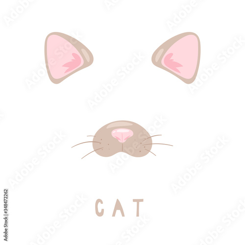 Vector illustration of animal face for selfie photo or video chat for apps. Cute and funny cartoon character, cat head mask with nose and ears for masquerade, carnival, costume party