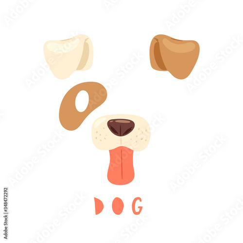 Vector illustration of animal face for selfie photo or video chat for apps. Cute and funny cartoon character, dog head mask with nose and ears for masquerade, carnival, costume party