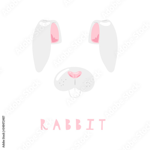 Vector illustration of animal face for selfie photo or video chat for apps. Cute and funny cartoon character, rabbit head mask with nose and ears for masquerade, carnival, costume party