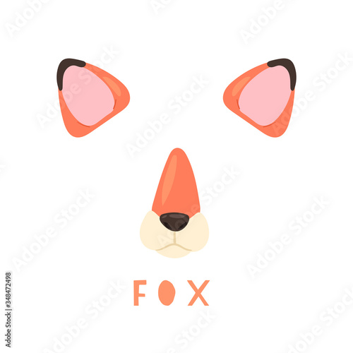Vector illustration of animal face for selfie photo or video chat for apps. Cute and funny cartoon character, fox head mask with nose and ears for masquerade, carnival, costume party