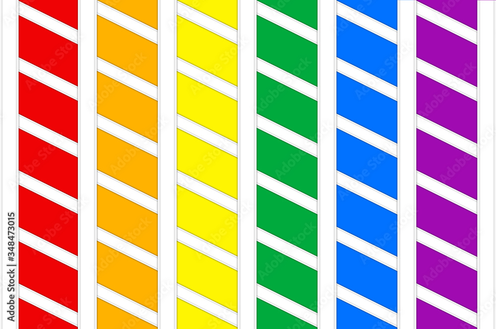 3d rendering. LGBT rainbow color trapezoid tile shape pattern wall background. 3d rendering. LGBT rainbow color trapezoid tile shape pattern wall background.