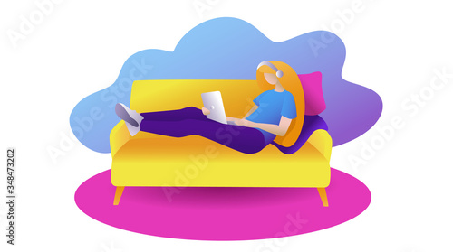 Work from home concept. A woman is comfortably sitting on her couch and works on a laptop and listens to music on headphones. Bright creative stock vector illustration isolated on white background. © Inna