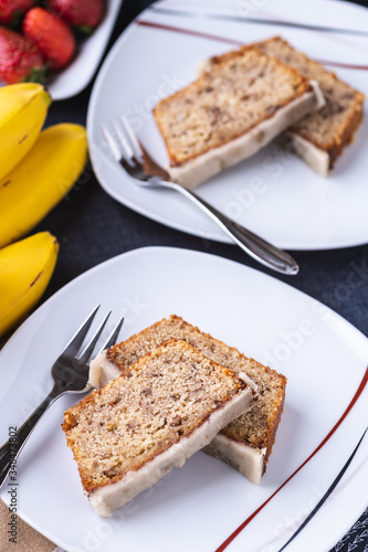 Banana cake  on white plate