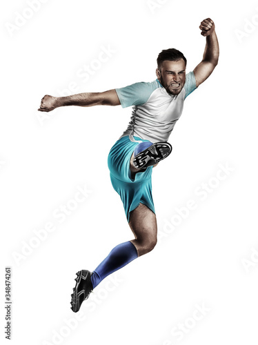 Young emotional football player on white background