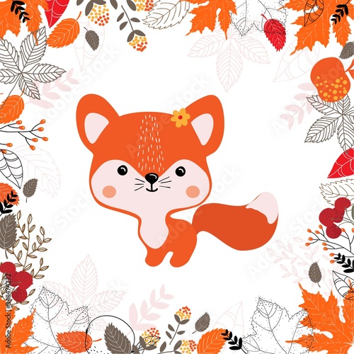 Fototapeta Naklejka Na Ścianę i Meble -  Vector illustration of cute little Fox in autumn forest, flat design