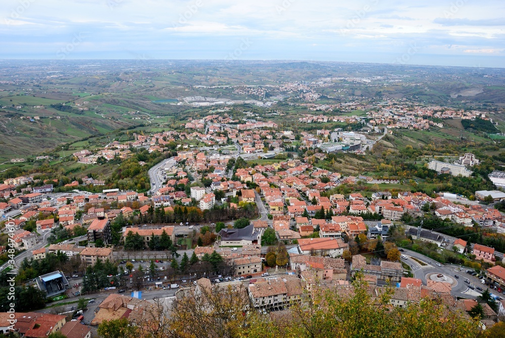 Bird eye view over Republic of San Marino from Monte Titano (