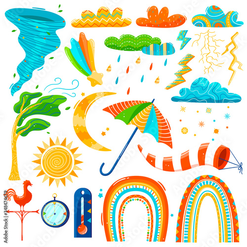 Weather icons in childish style, set isolated on white, colorful climate stickers, vector illustration. Rain and snow clouds, lightning bolt, sun and rainbow. Weather forecast symbols, thunderstorm