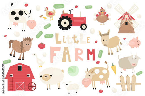 Farm Animals and Objects Set. Cartoon clip arts in Rustic Style. Isolated on White background. Vector illustration. Cow, Sheep, Goat, Barn, Tractor, Vegetables and other Farm Elements Cut Out.