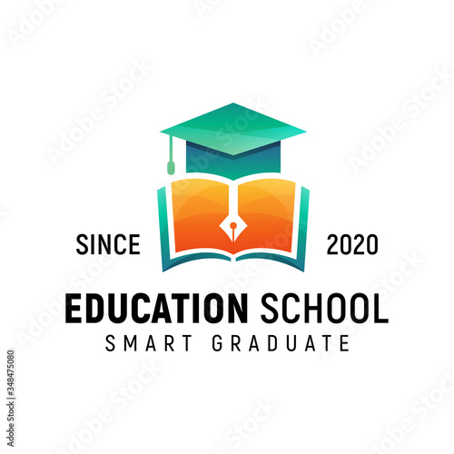 smart graduate Education school with book and pen gradient logo vector template
