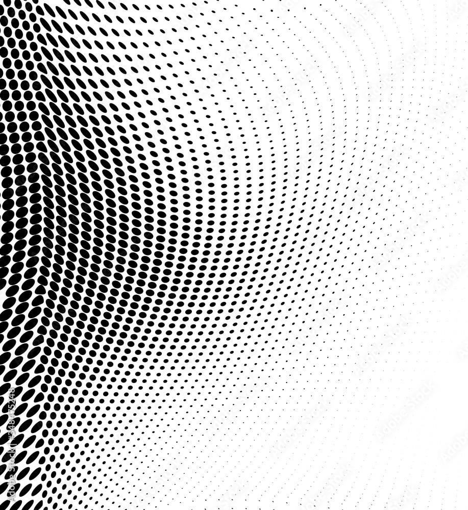 Halftone black and white waves. A chaotic pattern of dots on a white background. Abstract multiple ink drops