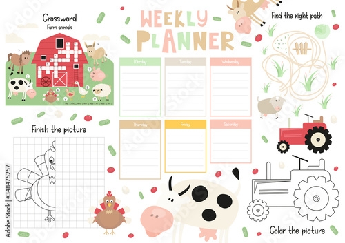 Little Farm Kids Weekly Planner Template. Schedule for Children. Set of Kids Puzzles for Preschool, Kindergarten, School. Vector illustration. Cute Farm Animals and Objects.