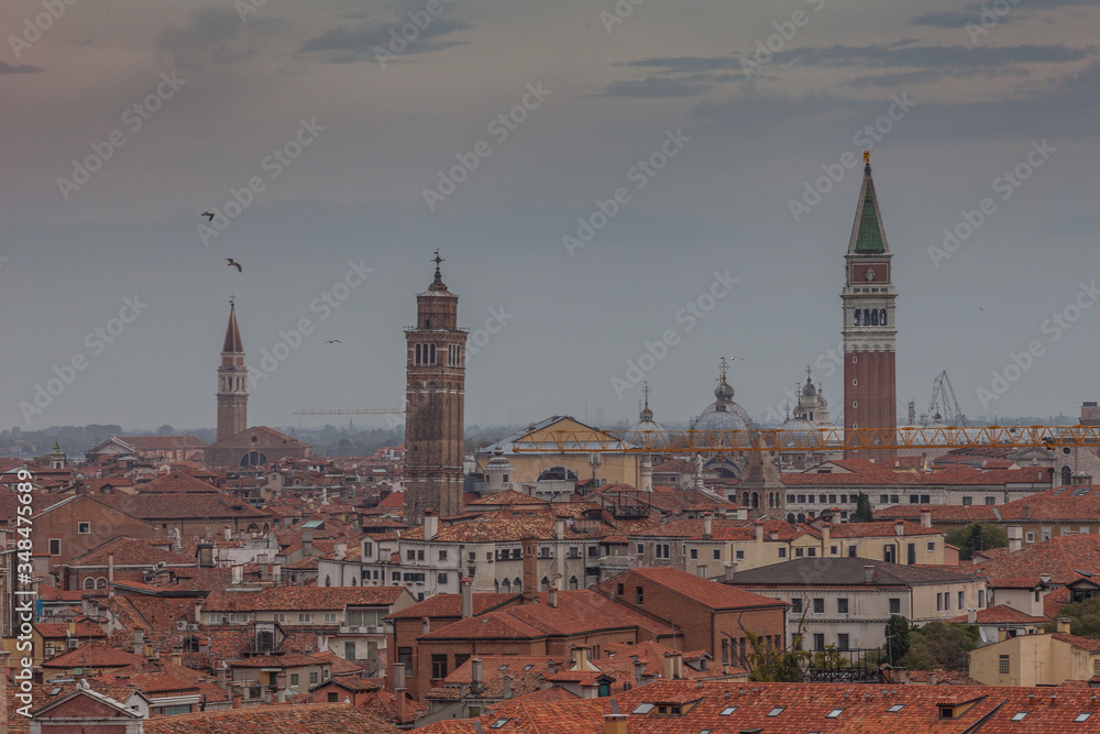 Aerial cityscape with venetian bell towers, Venice, Italy