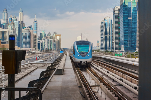 Beautiful view of the metro train to Dubai. Dubai metro is the world's longest fully automated metro network 75 km