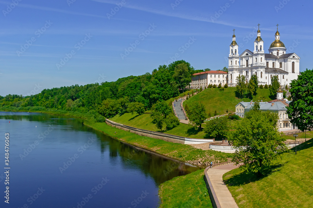 Vitebsk embankment of the Western Dvina river and view of St. George's Church, Vitebsk, Belarus