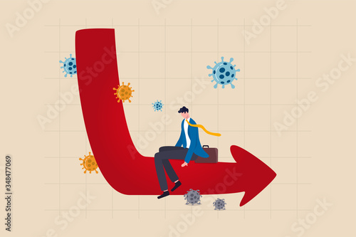 Economic problem in L shape long term recession or great depression from Coronavirus COVID-19 crash concept, depressed hopeless business man sit on economic L shape graph and chart with coronavirus