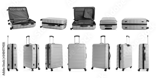 Set of grey suitcases on white background. Banner design photo