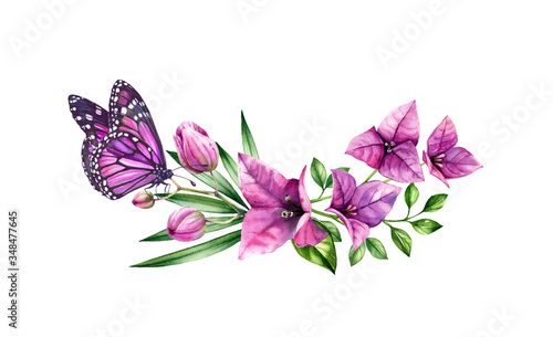 Tela Watercolor bougainvillea bouquet with butterfly