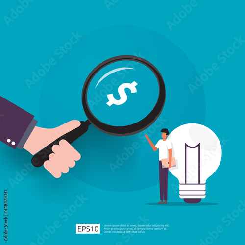 angel investor looking for opportunity business idea research concept with lamp light bulb and businessman character element. smart investment on technology startup analytic flat Vector illustration