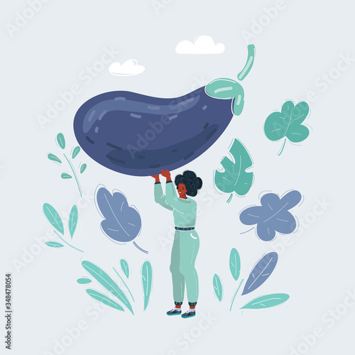 Woman thinking about nutrition, standing with eggplant on white.