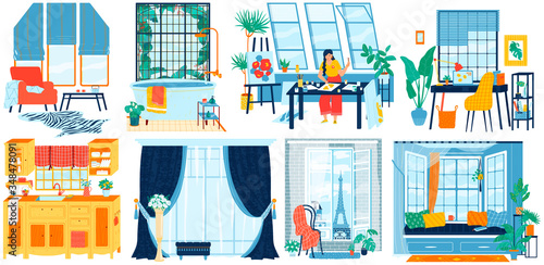 Windows in different interiors, home room, hotel apartment, artist studio and modern office, vector illustration. Comfortable living room, creative workspace. Large window from inside kitchen bathroom