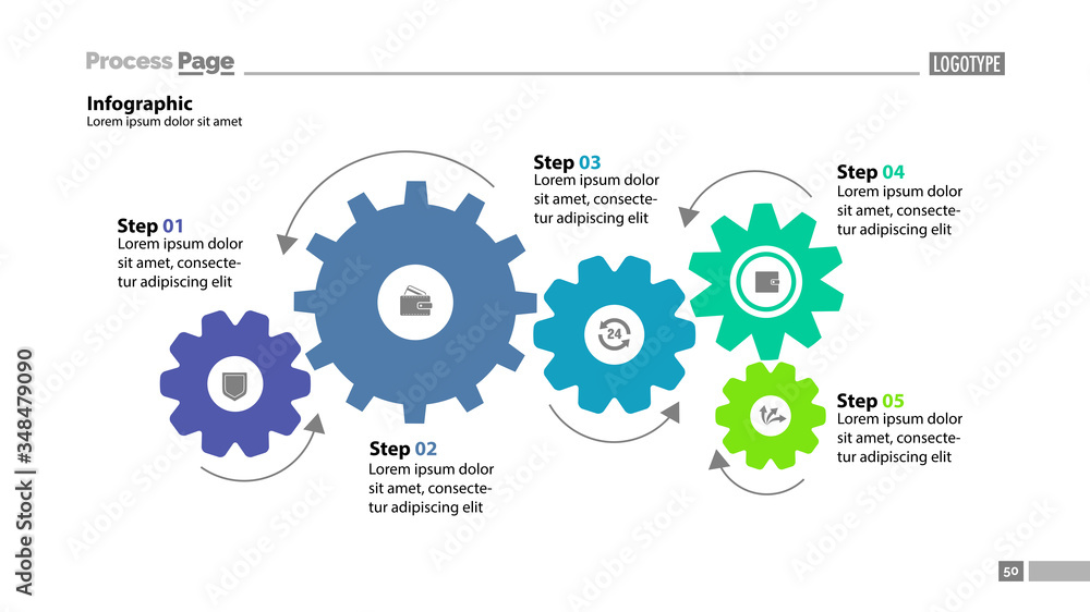 Five step process chart with cogwheel design. Element of chart, diagram, slide templates. Concept for inforgraphic, annual report, presentation. Can be used for topics like business, finance, banking - obrazy, fototapety, plakaty 