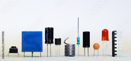 Electronic components standing upright with white background