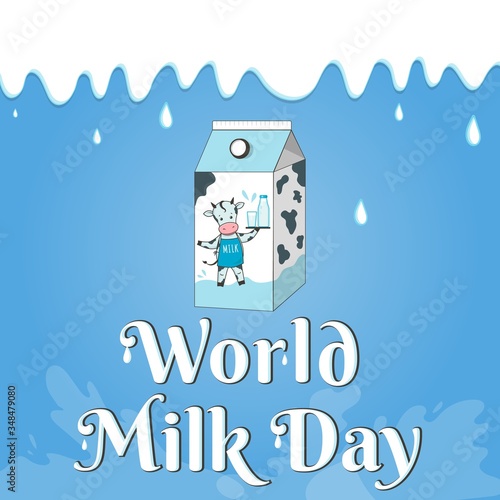 World international milk day vector illustration. Flowing splash milk background, carton package, cartoon cow with bottle and glass in apron. Concept for dairy products, logo, icon, banner, poster.