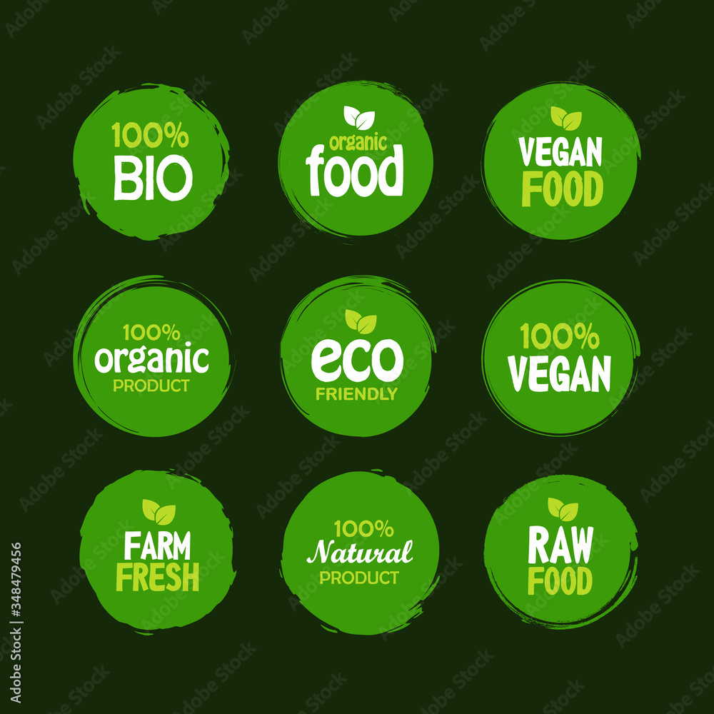 Set of fresh healthy organic vegan food logo labels isolated. Vector Set of fresh healthy organic vegan food logo labels isolated. Vector