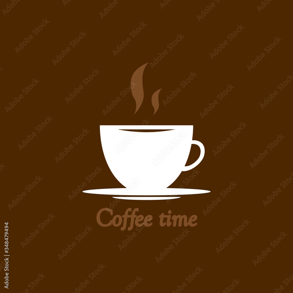 Obraz premium emblem, cup with coffee on a white plate, with the inscription coffee time, on a brown background vector illustration 