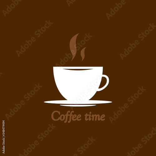 emblem  cup with coffee on a white plate  with the inscription coffee time  on a brown background vector illustration 