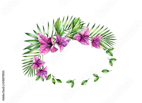 Watercolor floral background. Horizontal banner with oval frame and place for text. Purple bougainvillea flowers. Tropical botanical illustration isolated on white for logo, card print