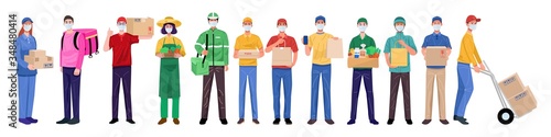 Flat design concept, Set of delivery man wearing face masks in various characters. Vector