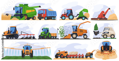 Agricultural farming machinery isolated set vector illustration. Agriculture tractor, combine harvester, seeding machine, plowing equipment machinist. Rural industrial farm machinery transport.