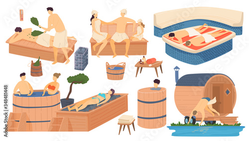 Sauna and spa wooden bathhouse, people in japanese, russian, turkish bather, steam house relax and leisure isolated set cartoon vector illustration. Spa and sauna body procedure. Steam bathing people.