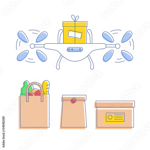 Drone delivery service, different package set - cardboard box, grocery bag, fast food pack. Automatic quadcopter carrying the shipment. Line vector illustration.