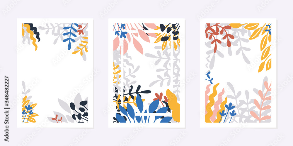 Set of creative universal art cards or posters. Hand drawn leaves and flowers, contemporary modern style. Tropic foliage. Trendy graphic design for invitation, brochure, flyer. Vector illustration. Set of creative universal art cards or posters. Hand drawn leaves and flowers, contemporary modern style. Tropic foliage. Trendy graphic design for invitation, brochure, flyer. Vector illustration.