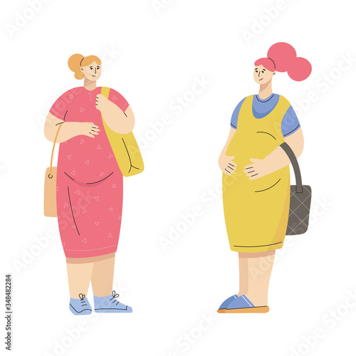 Group of pregnant women dressed in casual city style - dress, overall, sundress, sneakers, slip-ons, mules.