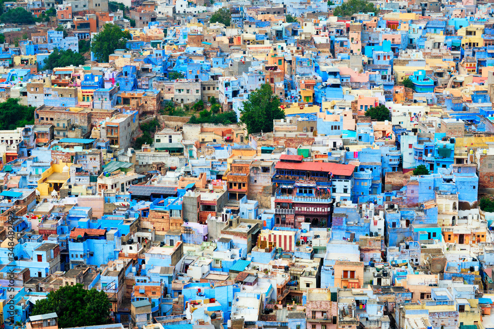Aerial view of Jodhpur, also known as Blue City due to the vivid blue-painted Brahmin houses around Mehrangarh Fort. Jodphur, Rajasthan, India