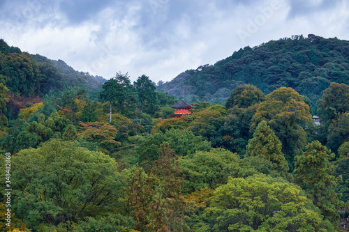 The view of Kiyomizu-dera Koyasu Pagoda on the slope of the hill. Higashiyama. Kyoto. Japan