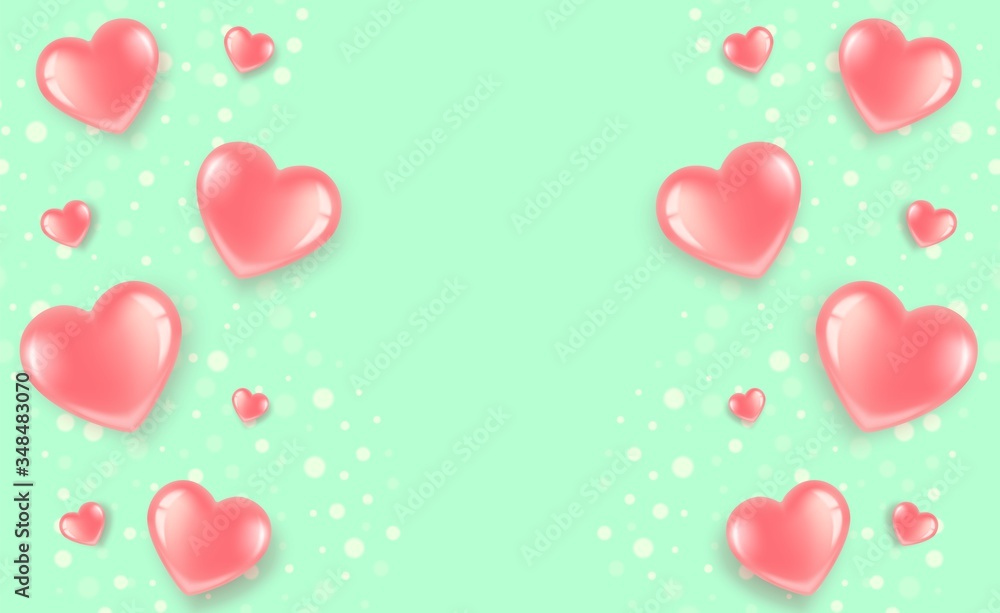 Poster with pink hearts on a green bright background. Greeting card for Valentine s Day, Women s Day,Happy mother s day. In a realistic style. Vector illustration.