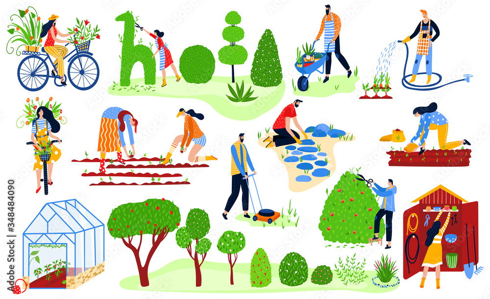 Gardening people set, spring eco garden, plants and gaderners work agriculture flat vector illustration. Women and men watering plants, growing vegetable and greenery, tree and deliver spring flowers. Gardening people set, spring eco garden, plants and gaderners work agriculture flat vector illustration. Women and men watering plants, growing vegetable and greenery, tree and deliver spring flowers.