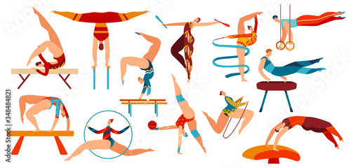 People gymnasts workout gym, sport gymnastic positions and exercises, female and male sportsman flat icons isolated vector illustrations set. Artistic and rhythmic gymnast exercise, training, activity