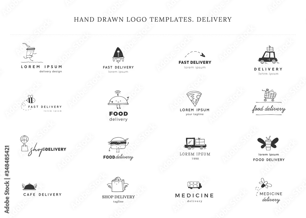 Set of hand drawn vector logo templates. Fast delivery, express mail elements.