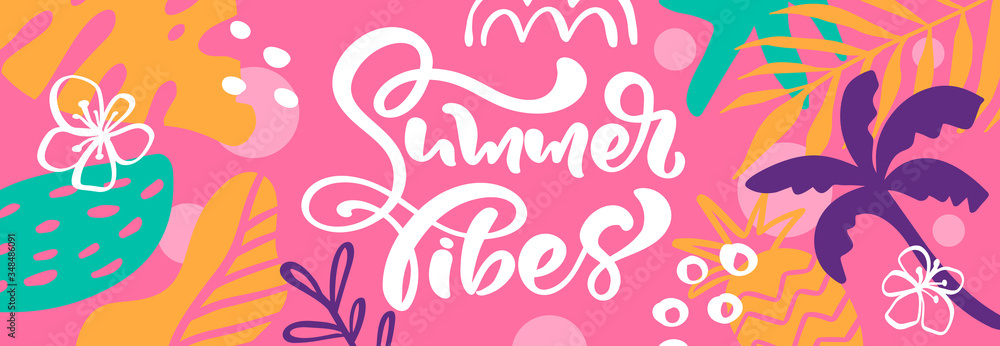 Summer vibes web banner. Beautiful background on tropical palm trees and leaves. Vector illustration Holiday backdrop